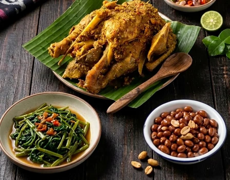 Ayam betutu Bali berbumbu kuning di atas daun pisang, lengkap dengan cah kangkung, kacang goreng, dan sambal matah