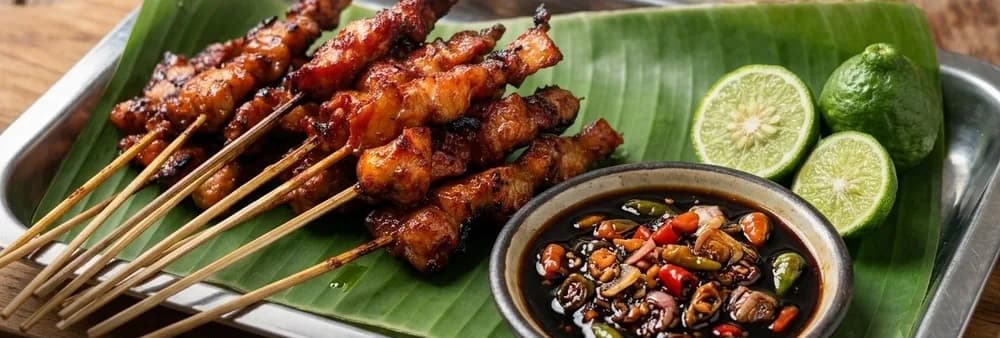 Sate manis ayam MamCheck dipanggang dengan arang, disajikan di atas daun pisang bersama sambal kecap pedas dan limau